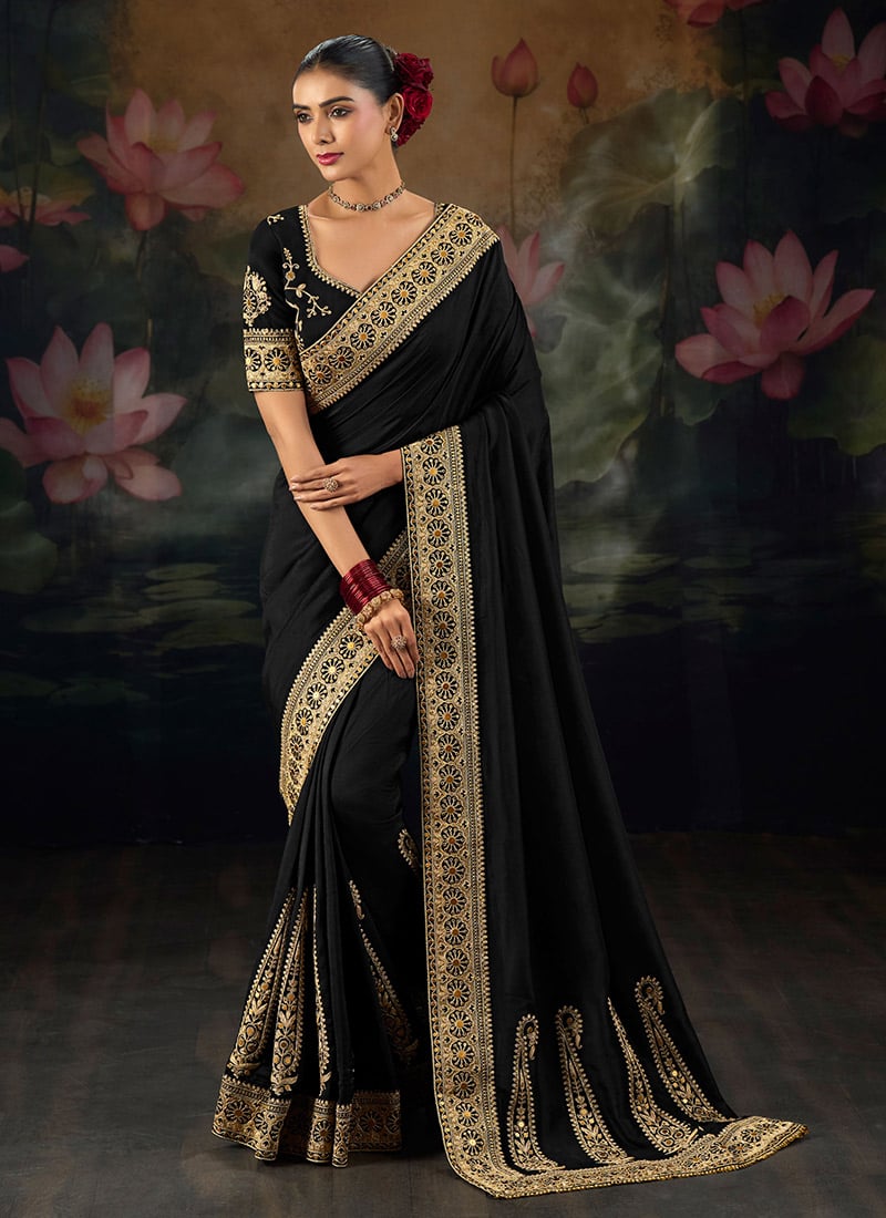 Elegant Black Muga Silk Zari Sequins Resham Embroidered Saree Wedding Wear