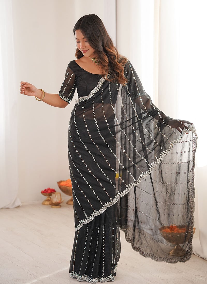 Elegant Black Net Sequins Cutdana Work Saree   Festive Wear