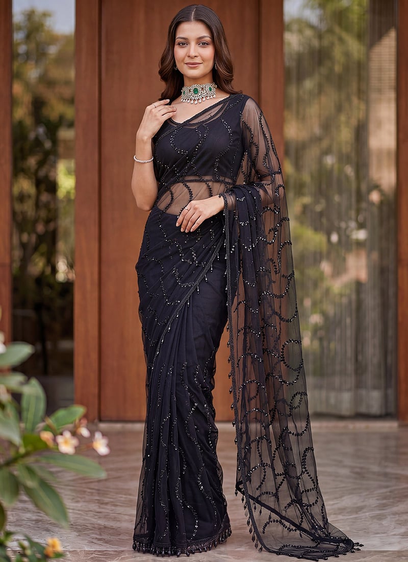 Elegant Black Net Sequins Saree After Six Wear