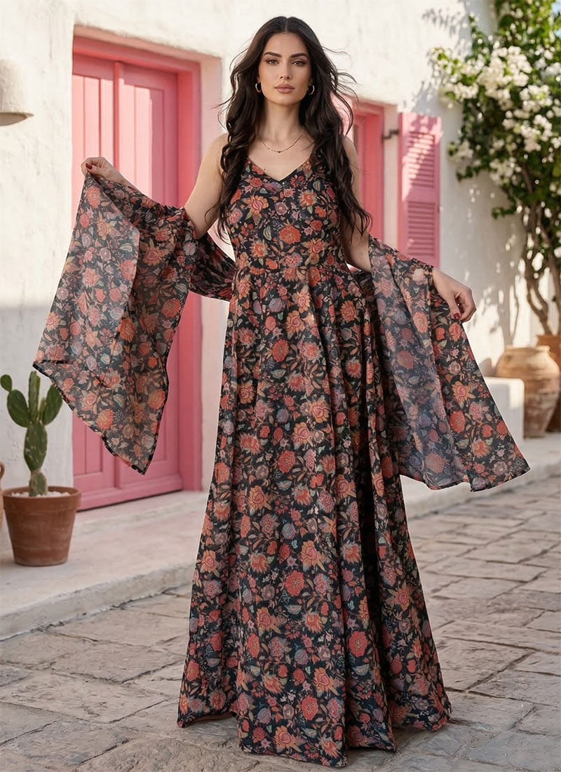 Elegant Black Organza Digital Print Anarkali Suit After Six Wear