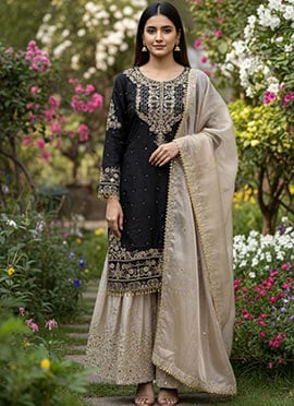 Elegant Black Organza Silk Zari Thread Embroidered Sharara Suit
