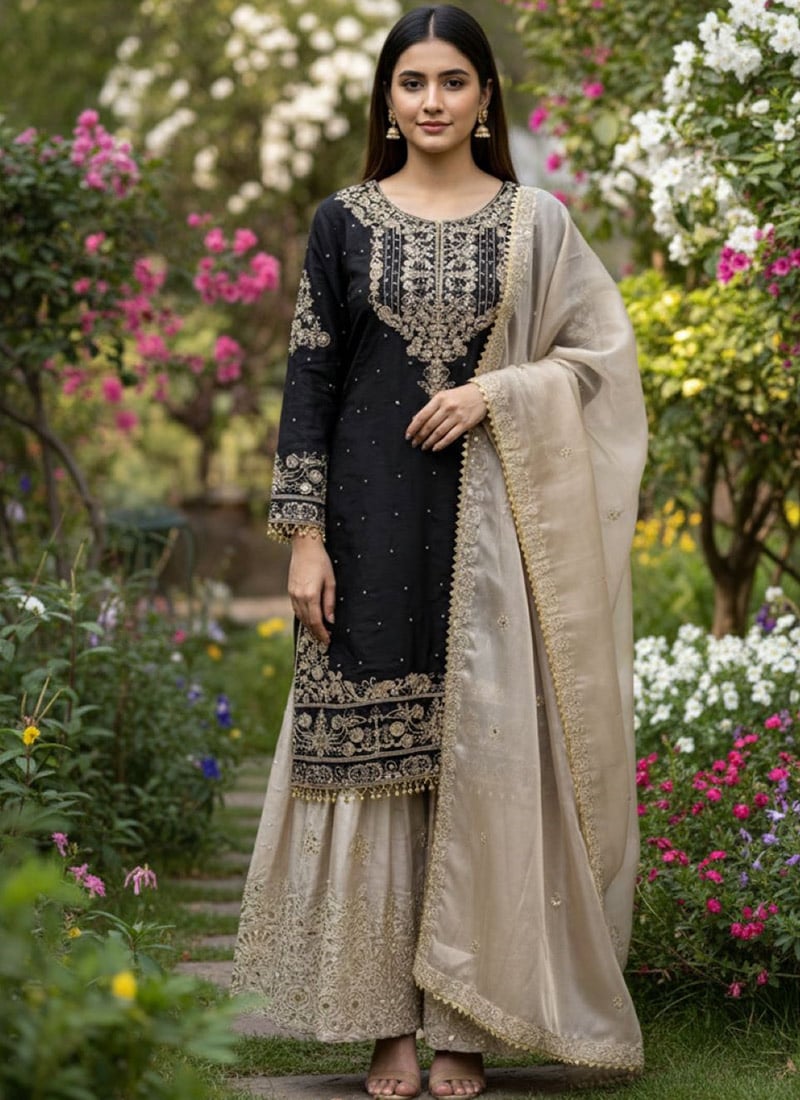 Elegant Black Organza Silk Zari Thread Embroidered Sharara Suit Festive Wear
