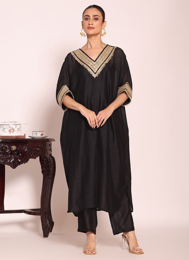 Elegant Black Poly Silk Embroidered Kurta Straight Pant Set After Six Wear