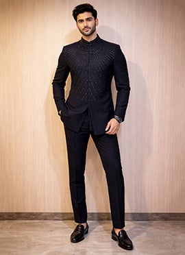 Elegant Black Pure Lachka Beads Hand Embroidered Bandhgala Suit