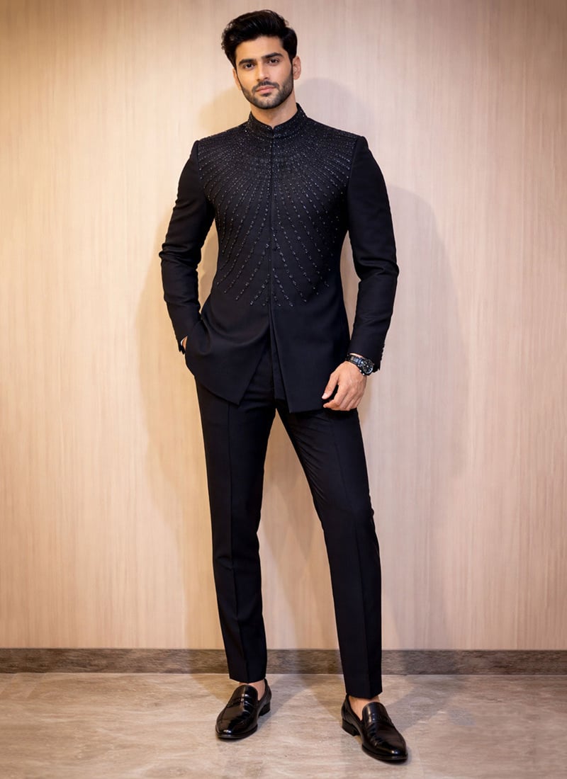 Elegant Black Pure Lachka Beads Hand Embroidered Bandhgala Suit Wedding Wear