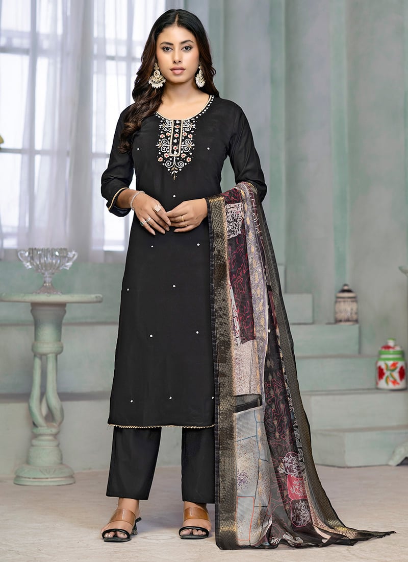 Elegant Black Rayon Hand Embroidered Pant Suit with Printed Dupatta Festive Wear