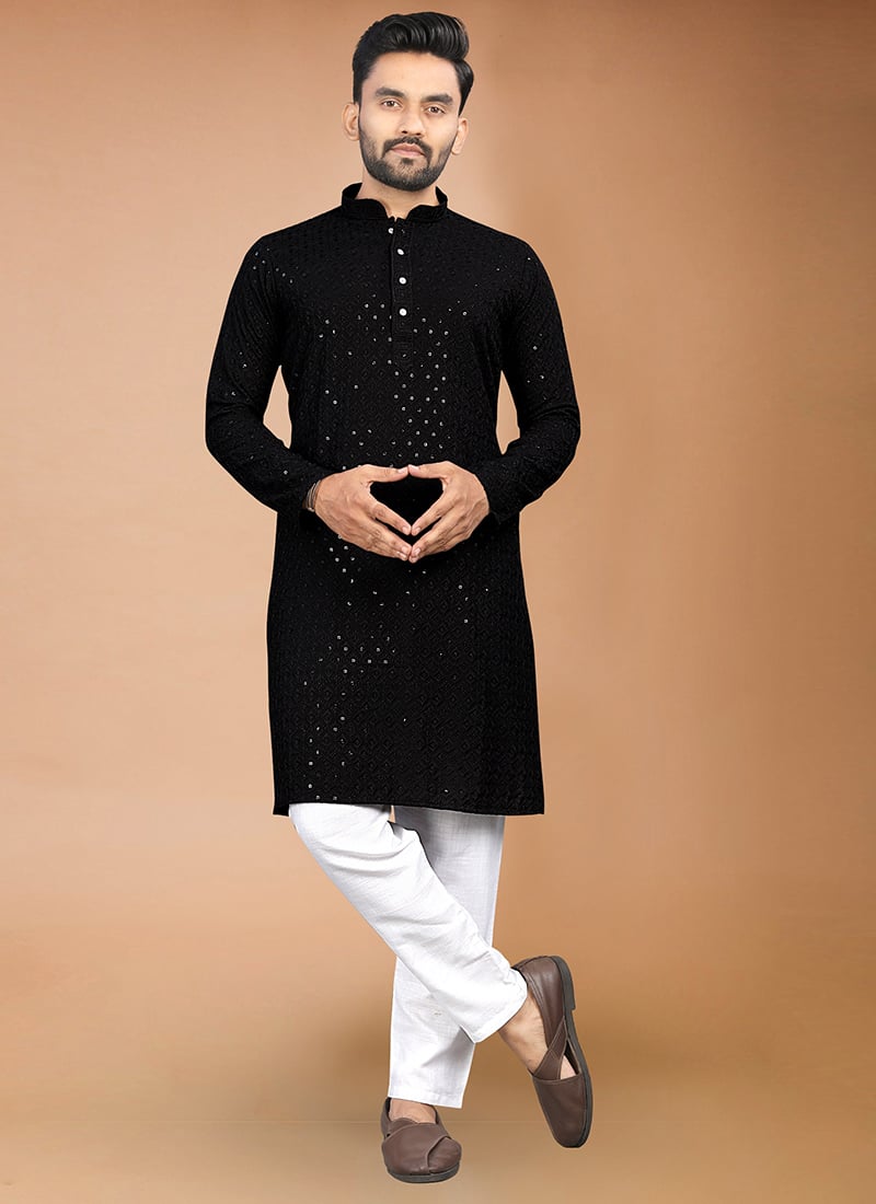 Elegant Black Rayon Sequins Embroidered Kurta Pyjama Festive Wear