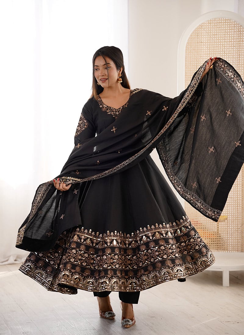 Elegant Black Roman Silk Embroidered Sequins Anarkali Suit Festive Wear