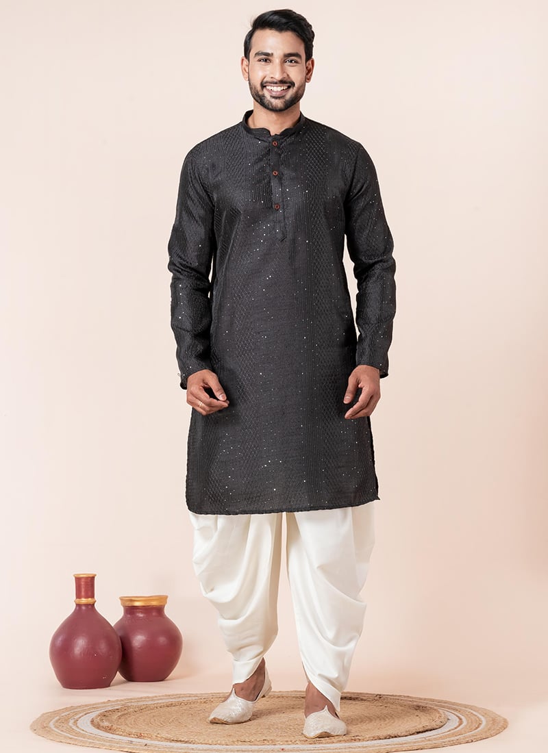 Elegant Black Silk Blend Embroidered Kurta Pyjama Festive Wear