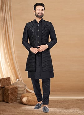 Elegant Black Silk Embroidered Sequins Indowestern Sherwani