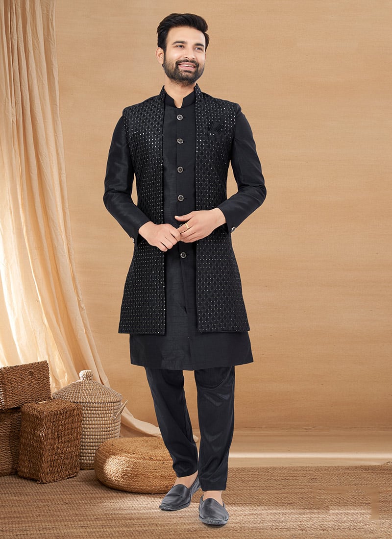 Elegant Black Silk Embroidered Sequins Indowestern Sherwani Wedding Wear