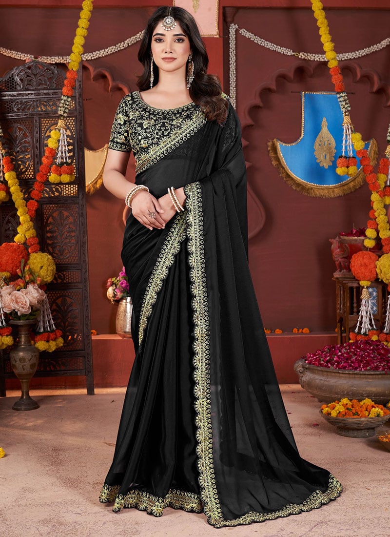 Elegant Black Silk Zari Embroidered Saree Festive Wear