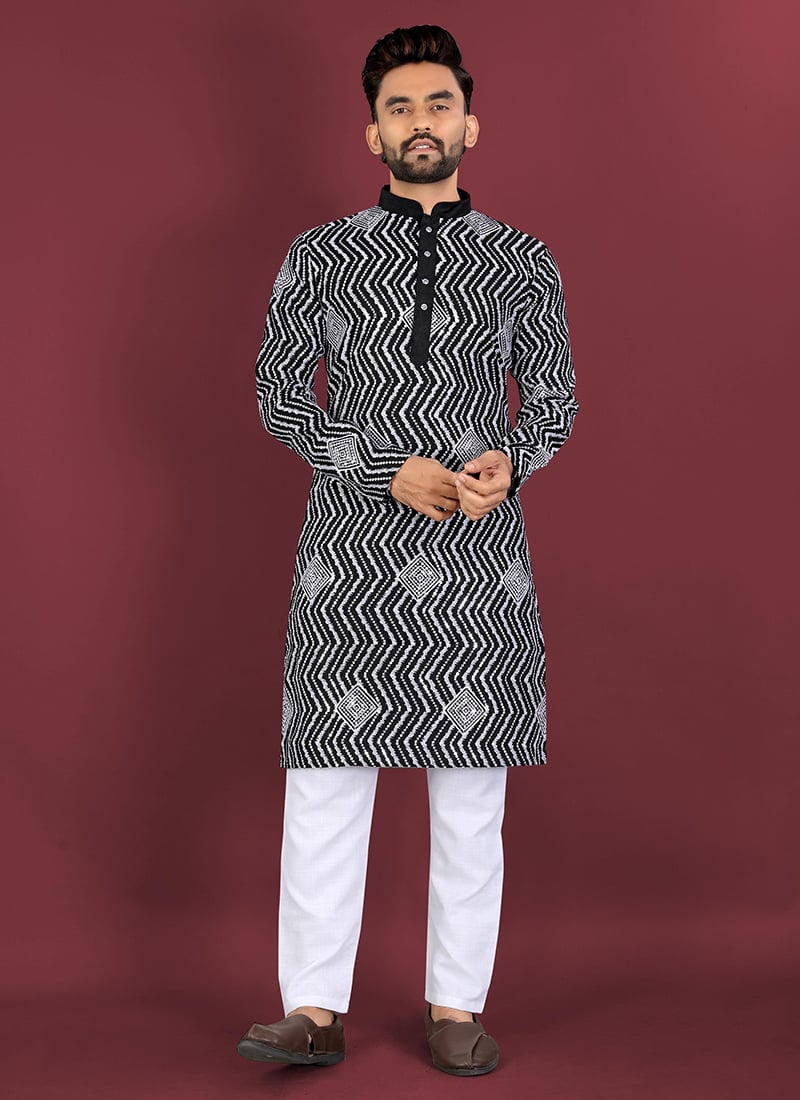 Elegant Black Soft Silk Embroidered Sequins Thread Kurta Pyjama Festive Wear