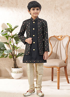Elegant Black Soft Silk Sequins Embroidered Kids Boys Indowestern Sherwani