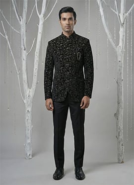Elegant Black Velvet Embroidered Thread Bandhgala Suit