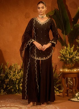 Elegant Black Viscose Chanderi Embroidered Sequins Palazzo Suit