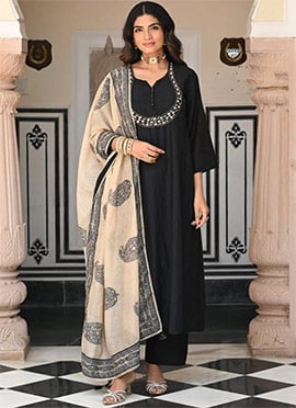 Elegant Black Viscose Embroidery Work Straight Pant Suit