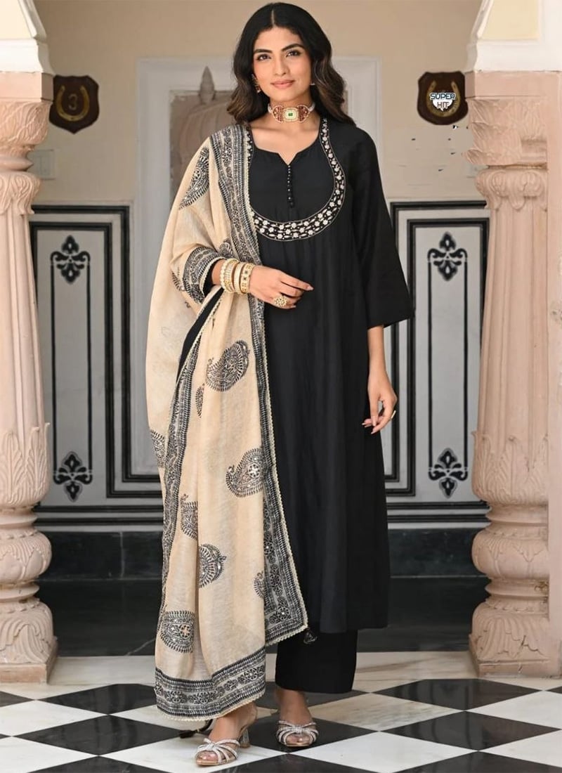 Elegant Black Viscose Embroidery Work Straight Pant Suit After Six Wear