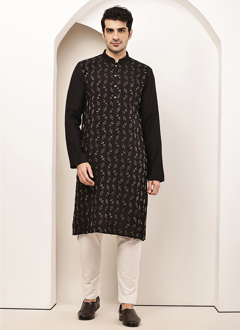 Elegant Black Viscose Silk Embroidered Kurta Pyjama Festive Wear