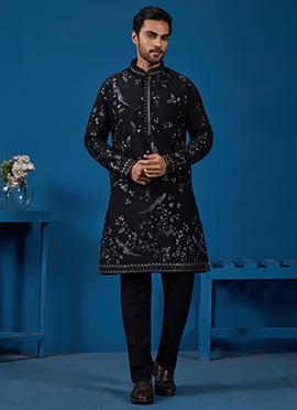 Elegant Black Viscose Silk Embroidered Sequins Thread Kurta