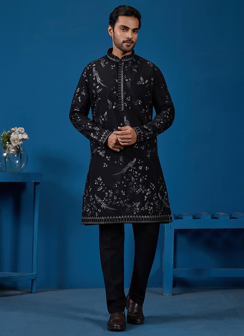 Elegant Black Viscose Silk Embroidered Sequins Thread Kurta