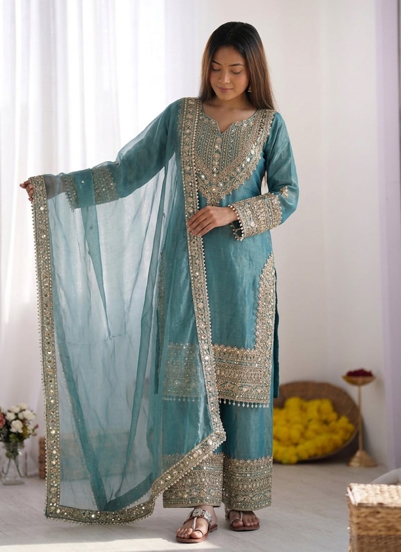 Elegant Blue Art Silk Embroidered Sequins Palazzo Suit with Fancy Silk Lace Border After Six Wear