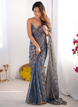 Elegant Blue Chiffon Gold Check Zarkha Work Saree