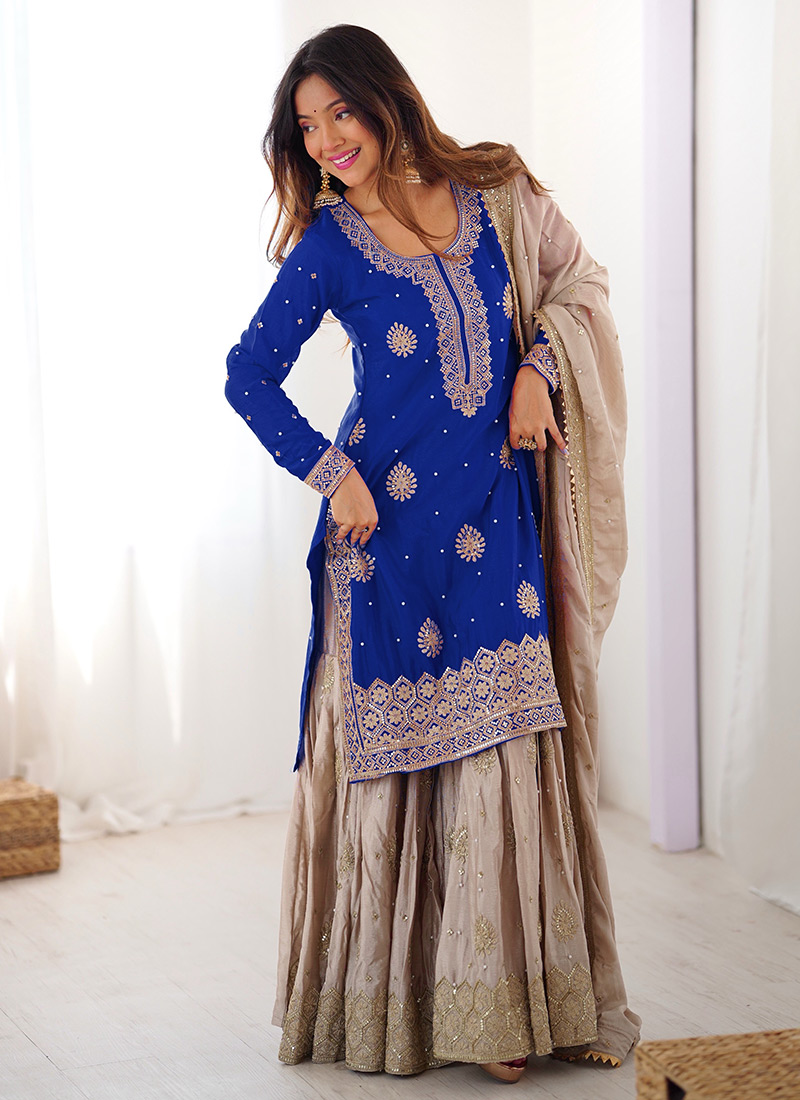 Elegant Blue Chinon Silk Embroidered Sequins Moti Sharara Suit Festive Wear