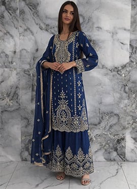 Elegant Blue Chinon Silk Embroidered Sequins Moti Sharara Suit