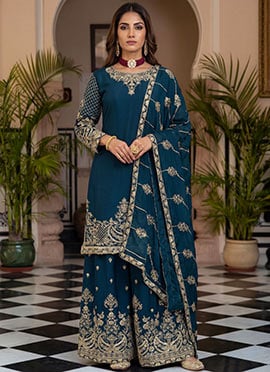 Elegant Blue Chinon Silk Zari Embroidered Sequins Palazzo Suit
