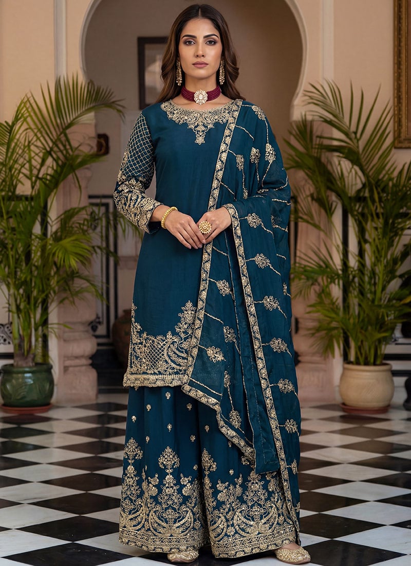 Elegant Blue Chinon Silk Zari Embroidered Sequins Palazzo Suit Festive Wear