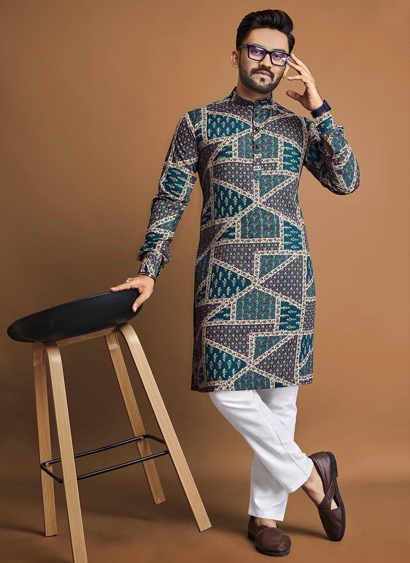 Elegant Blue Cotton Foil Print Kurta Pyjama   Festive Wear