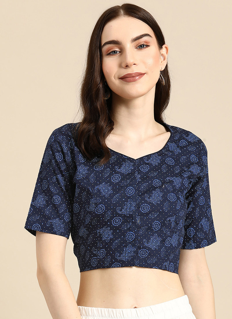 Elegant Blue Cotton Printed Blouse After Six Wear