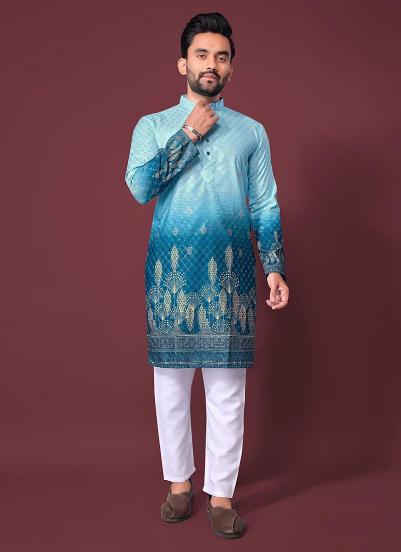 Elegant Blue Cotton Rayon Embroidered Sequins Kurta Pyjama Festive Wear