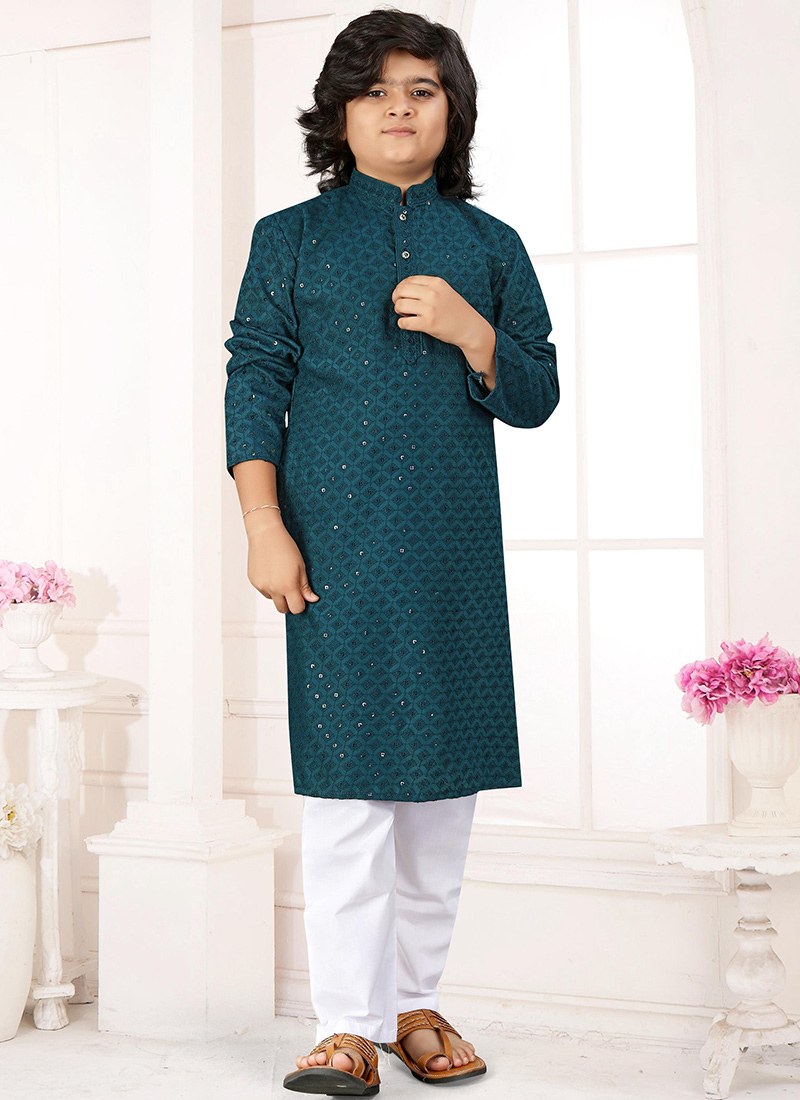 Elegant Blue Cotton Sequins Chikankari Kids Boys Kurta Pyjama Festive Wear
