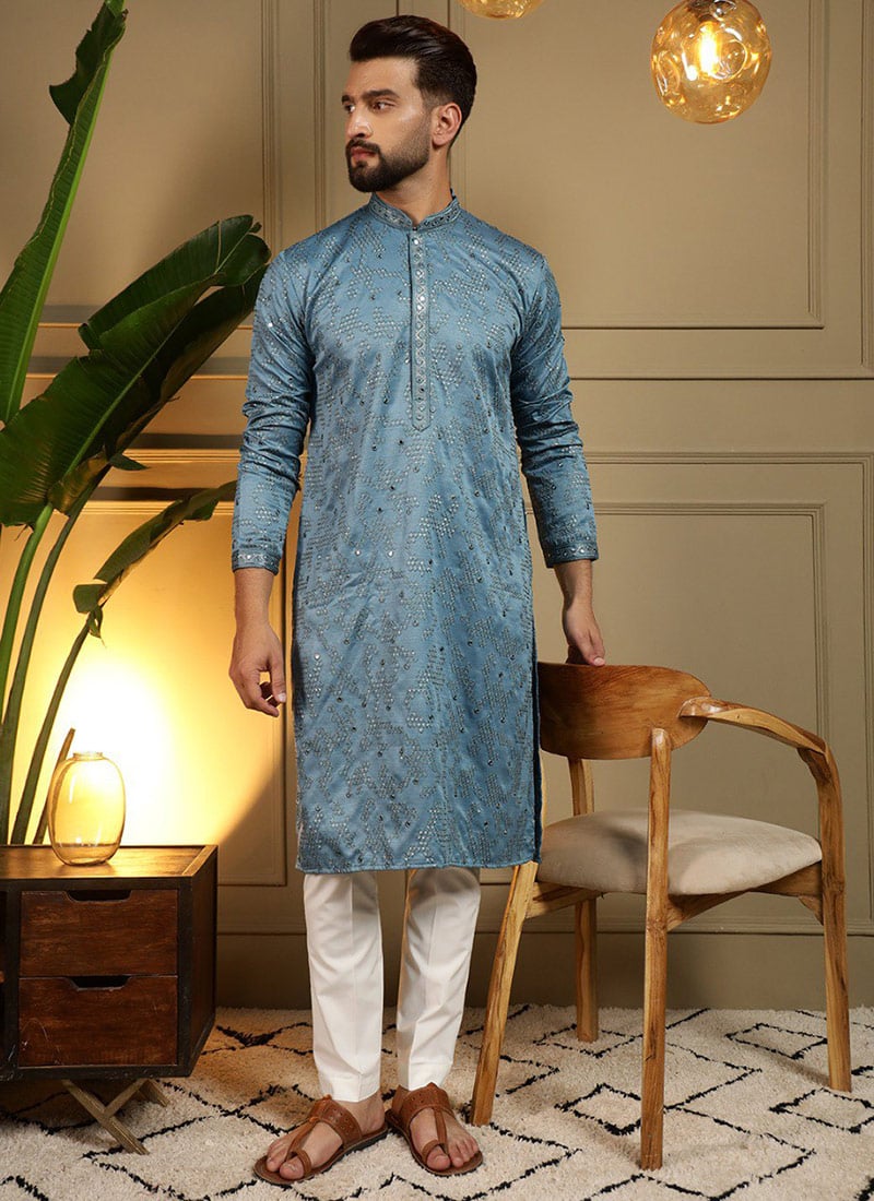 Elegant Blue Cotton Silk Embroidered Sequins Kurta Pyjama Festive Wear