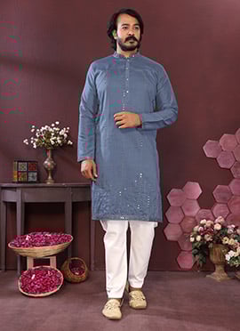 Elegant Blue Cotton Silk Embroidered Sequins Kurta Pyjama Set
