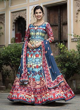 Elegant Blue Dola Silk Digital Print Hand Embroidered Neck Anarkali Suit