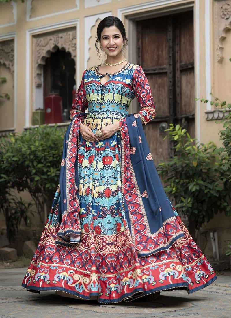 Elegant Blue Dola Silk Digital Print Hand Embroidered Neck Anarkali Suit Festive Wear