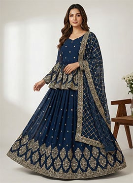 Elegant Blue Faux Georgette Embroidered Sequins A Line Lehenga