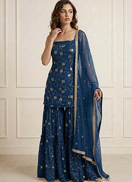 Elegant Blue Faux Georgette Embroidered Sharara Suit