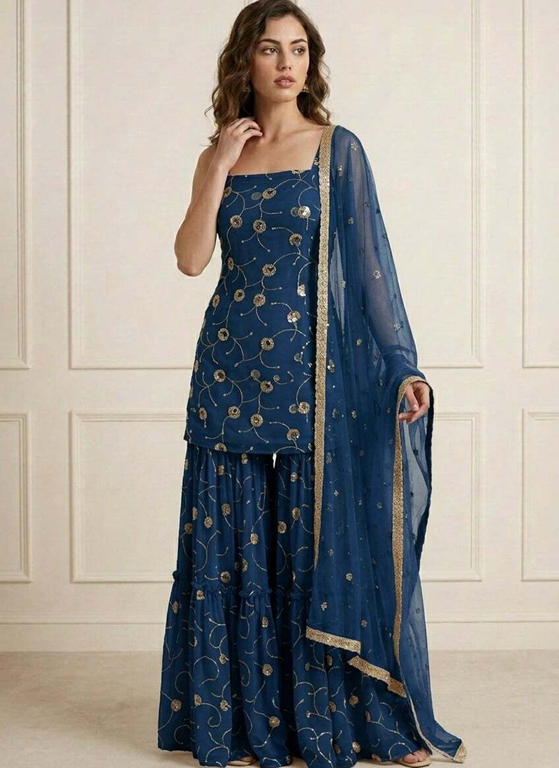 Elegant Blue Faux Georgette Embroidered Sharara Suit Festive Wear