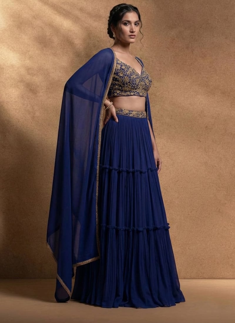 Elegant Blue Faux Georgette Sequins Hand Embroidered A Line Lehenga Wedding Wear