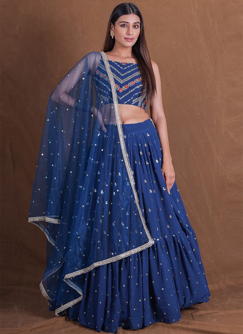 Elegant Blue Faux Georgette Zari Sequins Embroidered A Line Lehenga Wedding Wear