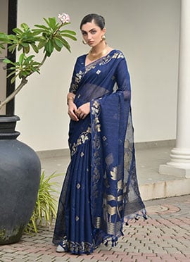 Elegant Blue Jute Linen Silk Zari Woven Saree