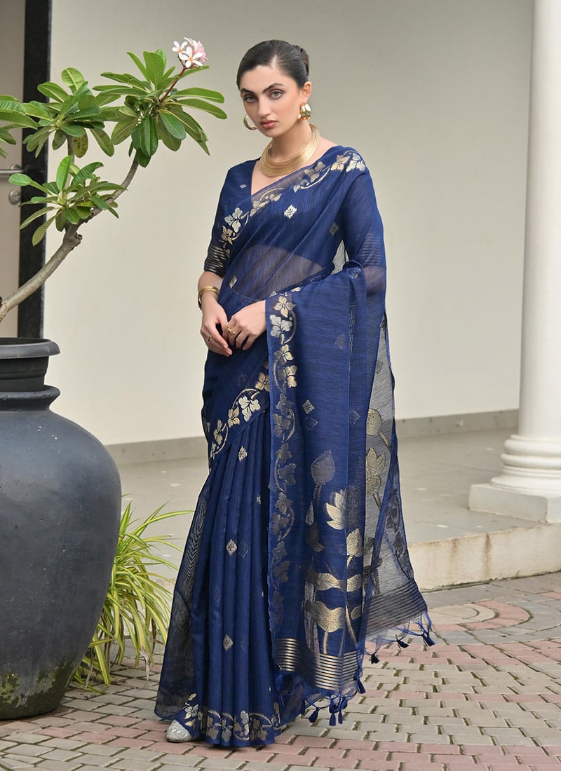 Elegant Blue Jute Linen Silk Zari Woven Saree Festive Wear