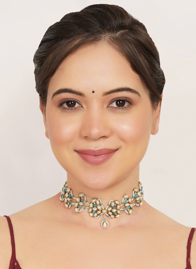 Elegant Blue Kundan Beaded Choker Wedding Wear