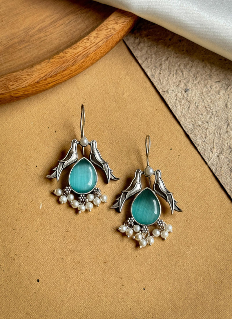 Elegant Blue Kundan Beads Bird Design Danglers Festive Wear