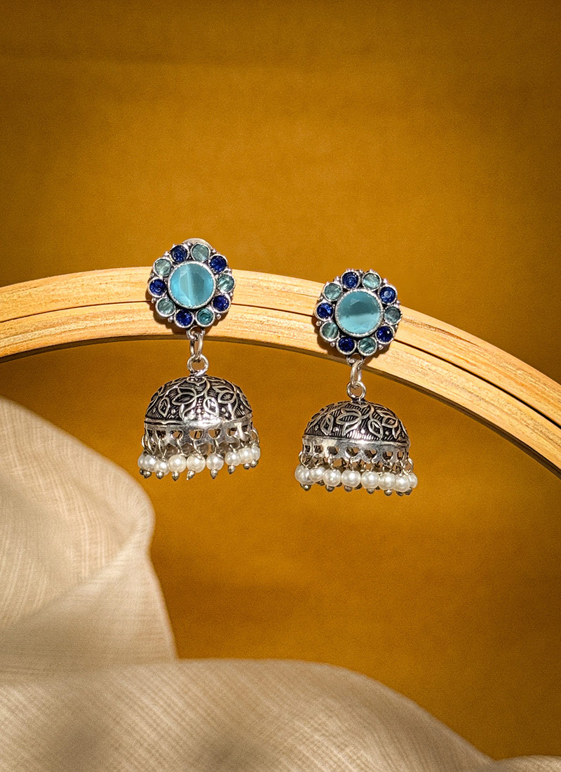 Elegant Blue Kundan Beads Oxidised Jhumka Festive Wear