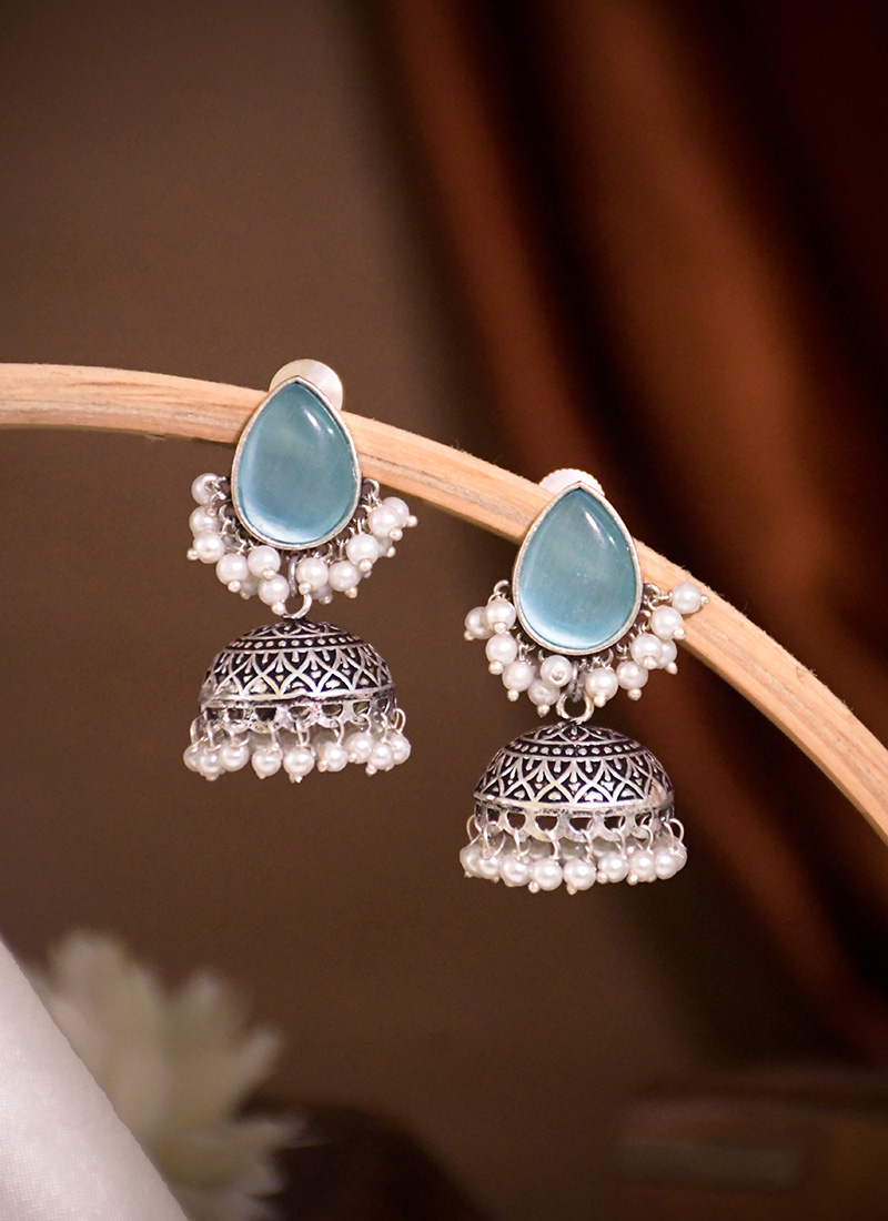 Elegant Blue Kundan Beads Oxidised Jhumka Festive Wear